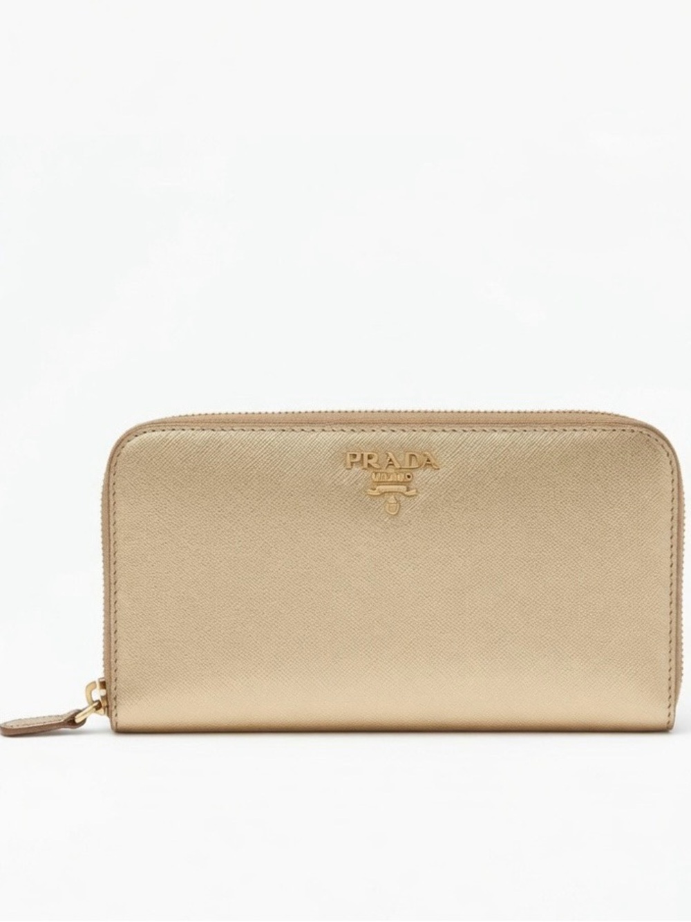 Prada Gold Vela Saffiano Leather Zip Around Wallet